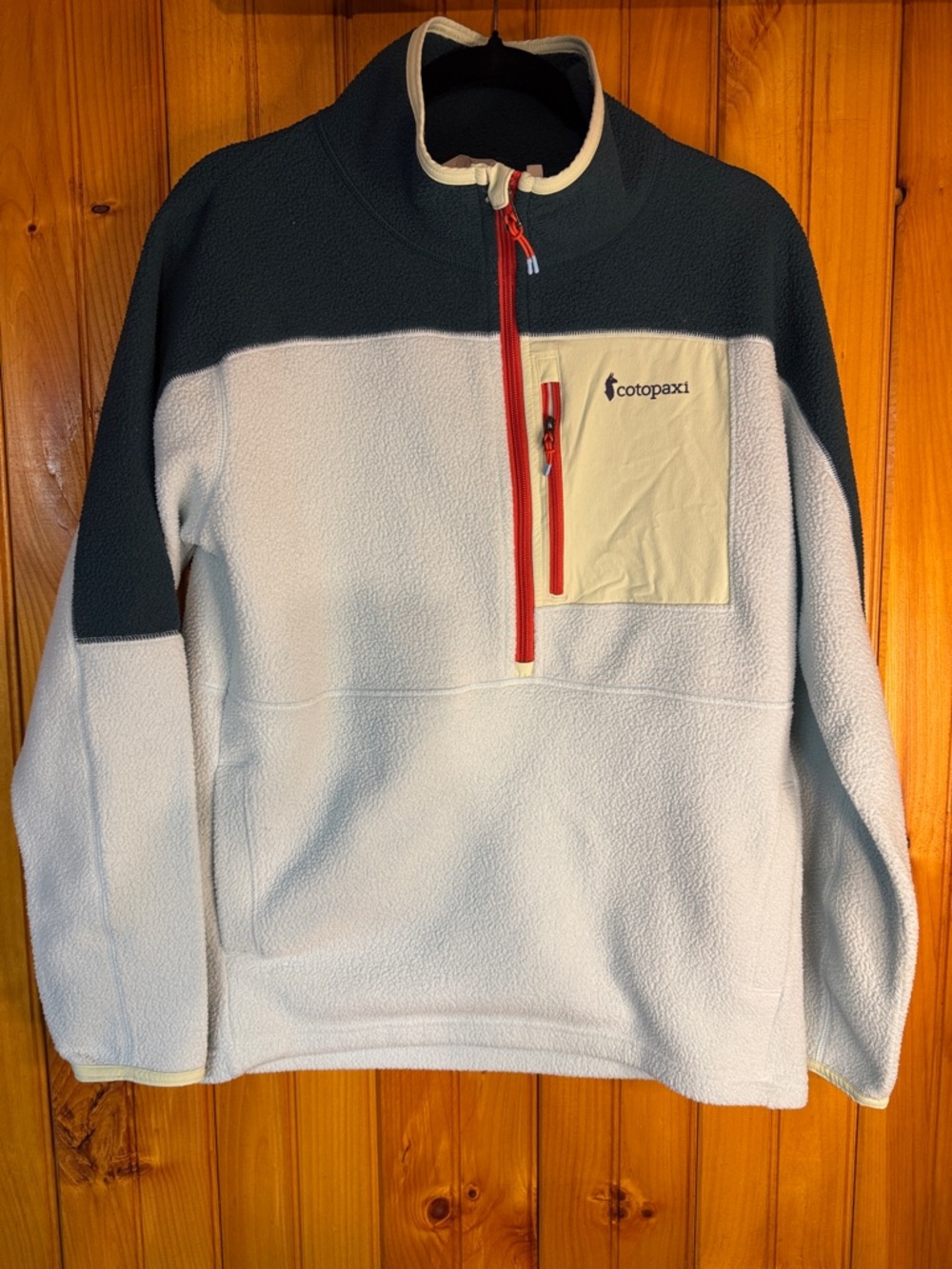 Cotopaxi Abrazo Two-Tone Half-Zip Fleece Jacket in Lt Blue, Dark Teal & Red